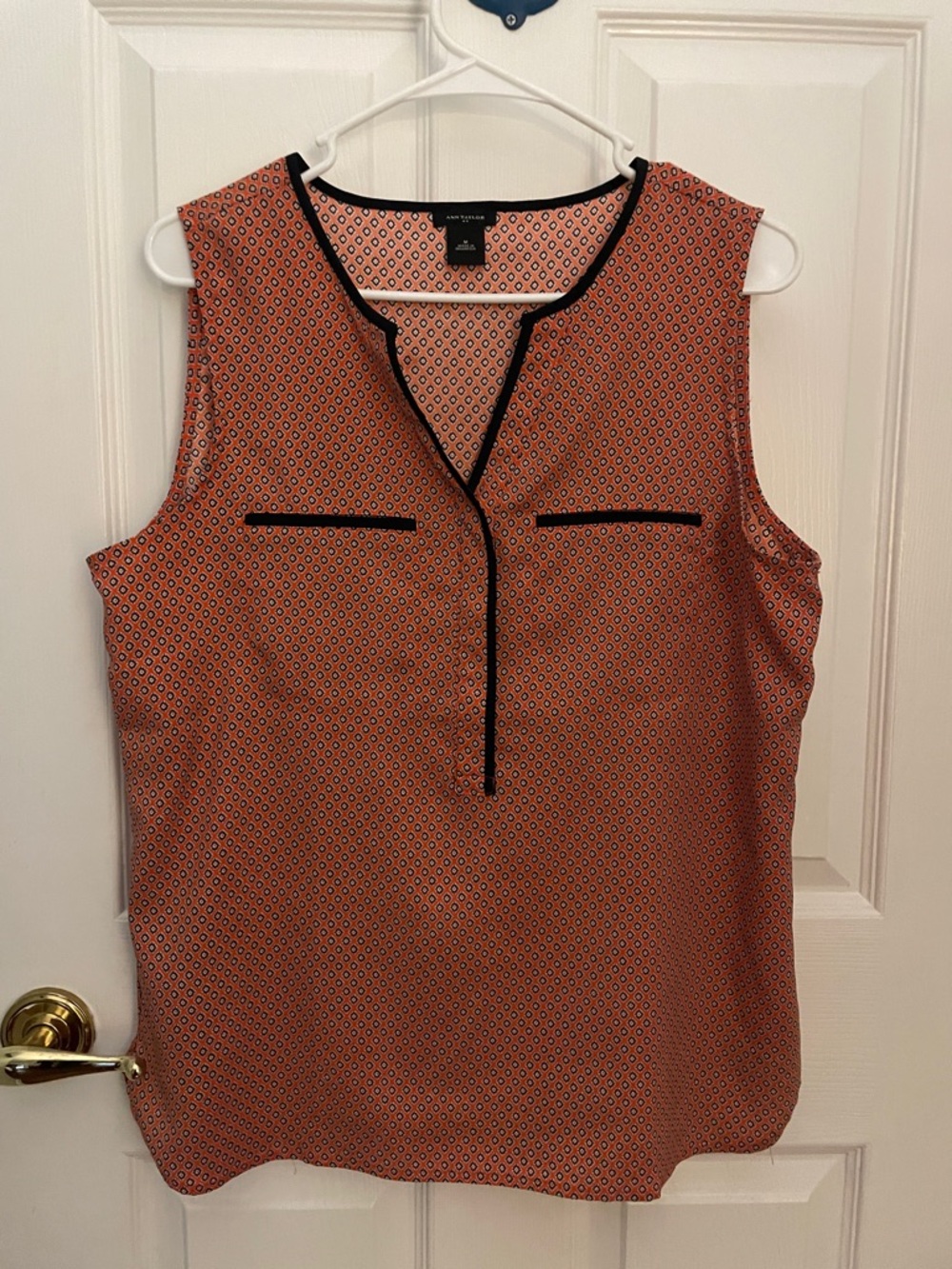 Ann Taylor Orange Printed Sleeveless Top with Navy Trim